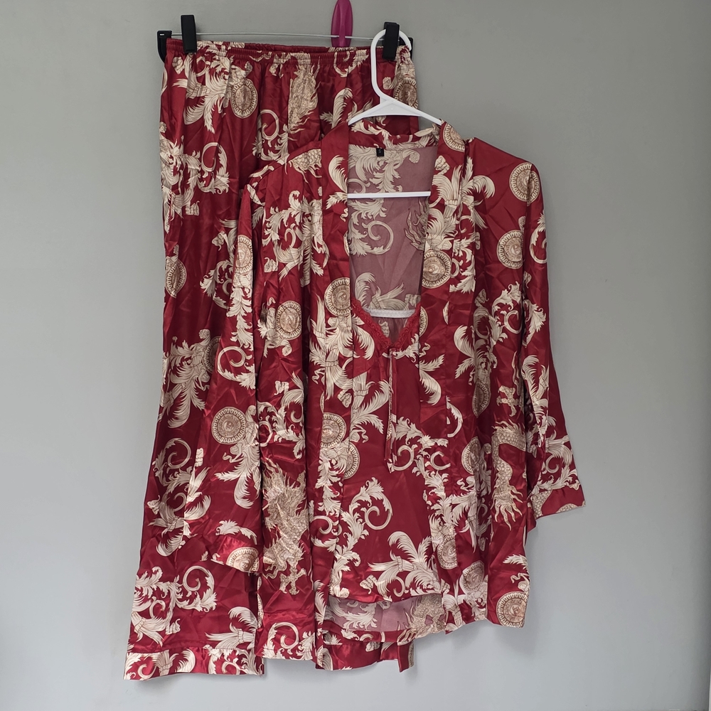Romanstii Silk Satin Elegant Red and Cream Pajama Set